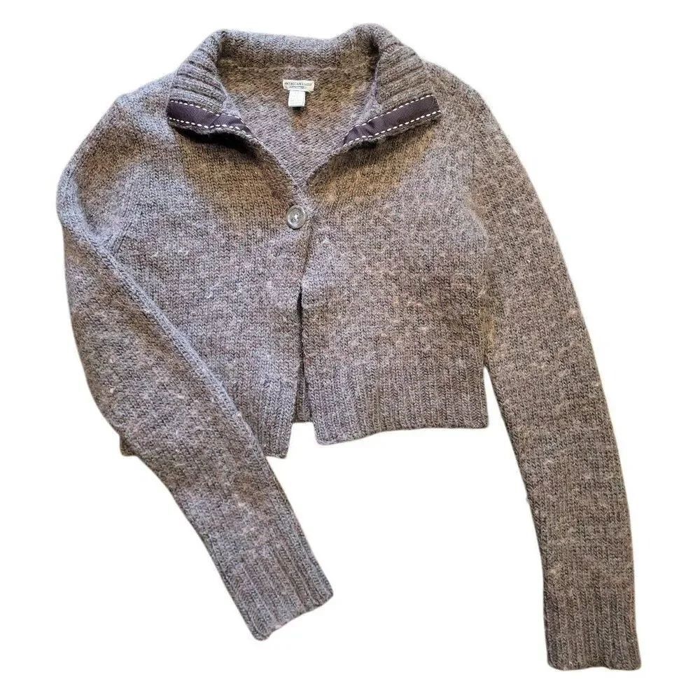 Vintage American Eagle Sweater Women's Medium Brown Cardigan Cropped Y2K Wool